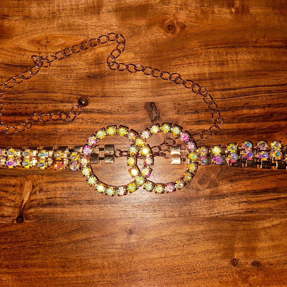 Double O Rhinestone Iridescent Chain Belt